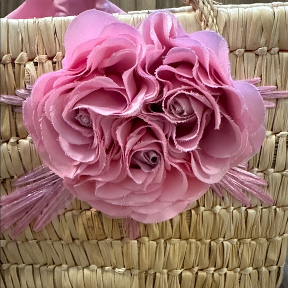 Christian Livingston Vintage Raffia Pink Fabric Roses Lined Top Handle Bag 8x10 - Picture 2 of 16